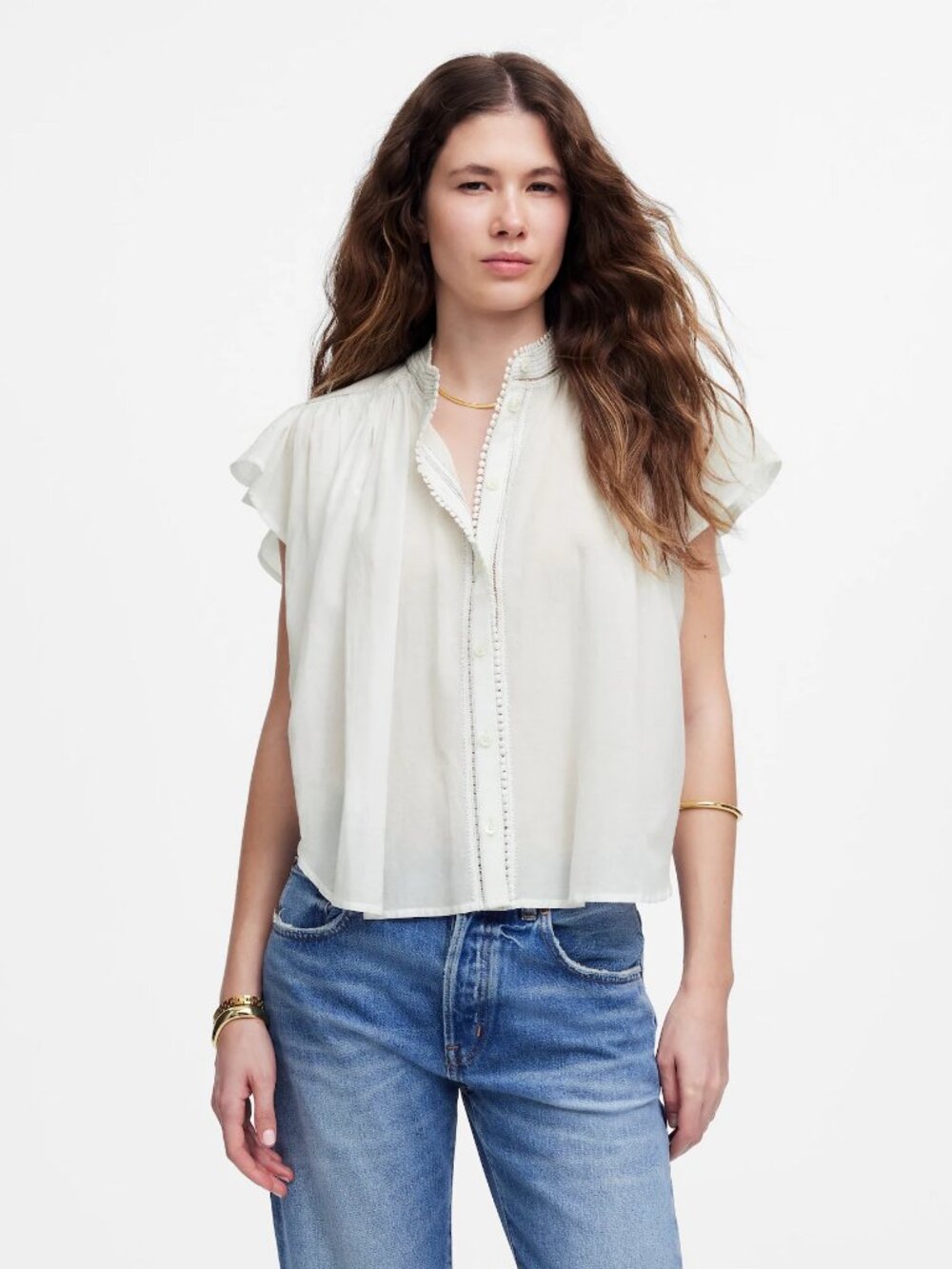 Madewell Shirred‎ Lace Trim White Flowy Flutter Sleeve Top NV182 XL